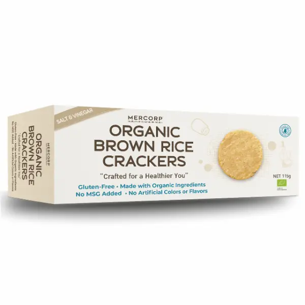 Organic brown rice crackers salt and vinegar flavor packaging 115g