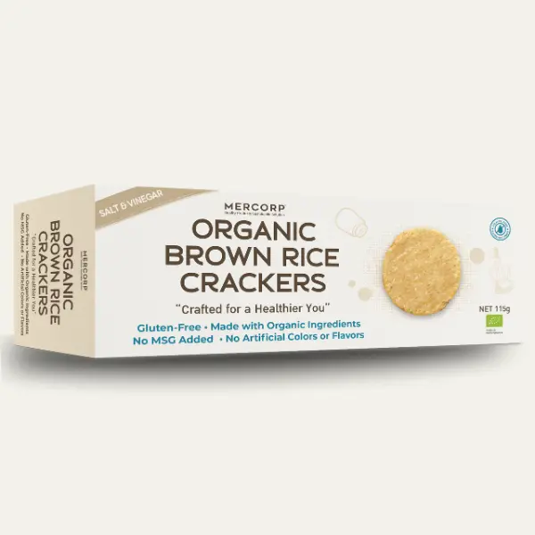 Organic brown rice crackers salt and vinegar flavor packaging 115g
