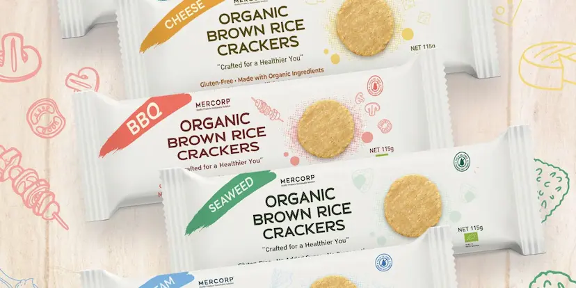 Assorted organic brown rice cracker packaging in multiple flavors