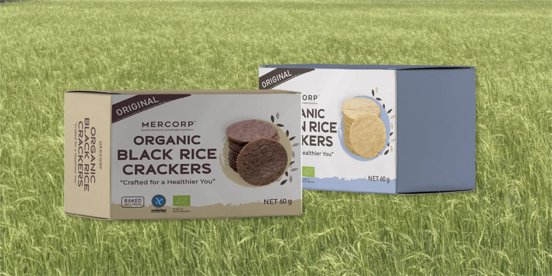 mercorp organic rice crackers on natural rice field background
